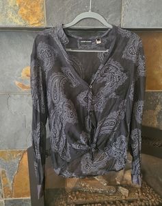 Emporio Armani Black and Grey Paisley Button-Up Tie-Front Silk Top Medium